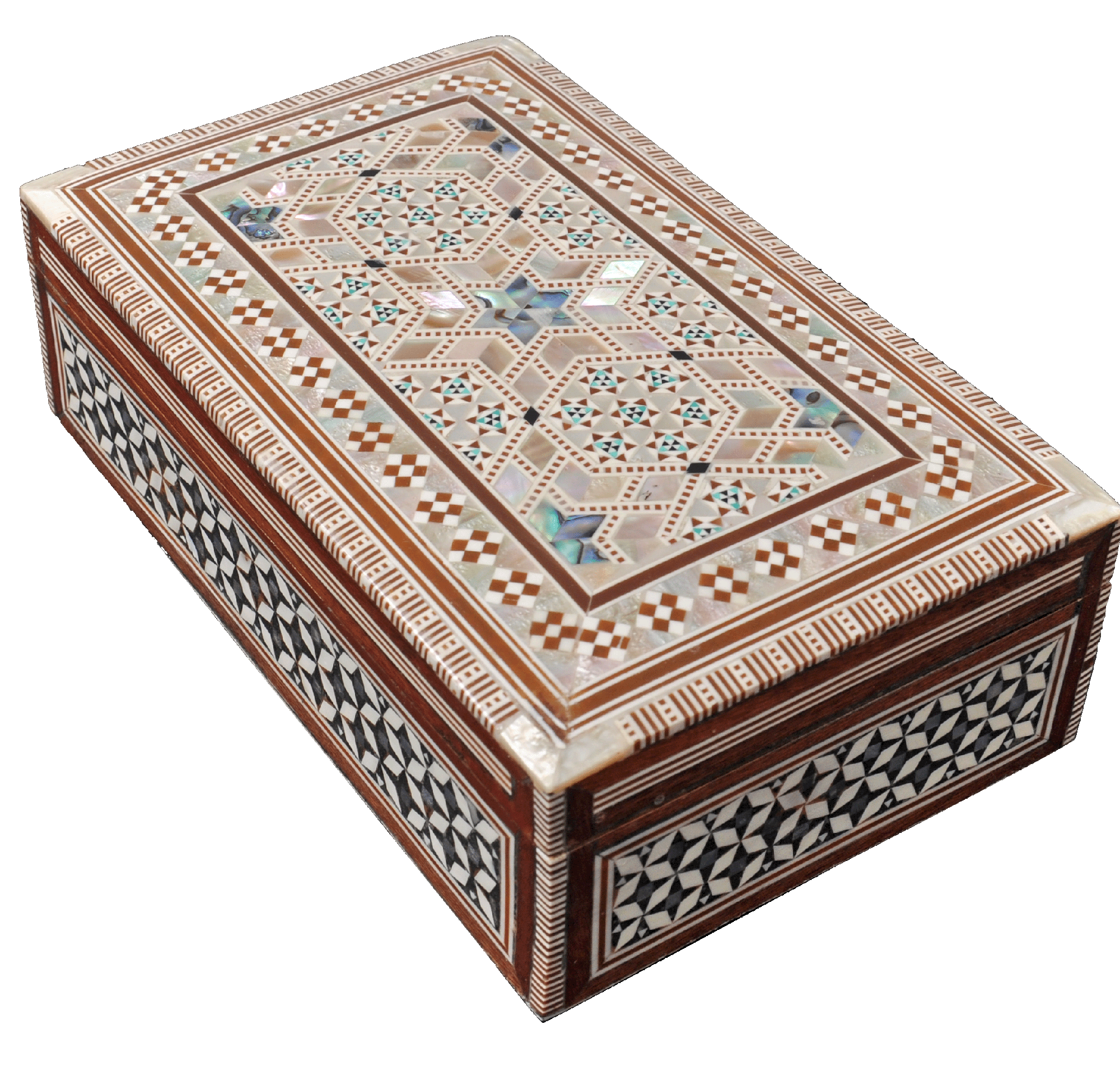 Egyptian Mother of Pearl Inlaid Paua Hexagonal Jewelry Box #138 