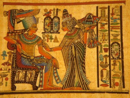 King Tutankhamen and Wife Holding Flowers Egyptian Papyrus 138E