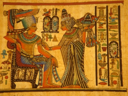 King Tutankhamen and Wife Holding Flowers Egyptian Papyrus 138E - Click Image to Close