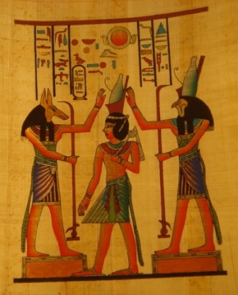 Horus and Anoubis Crowning Ramses Egyptian papyrus 32E