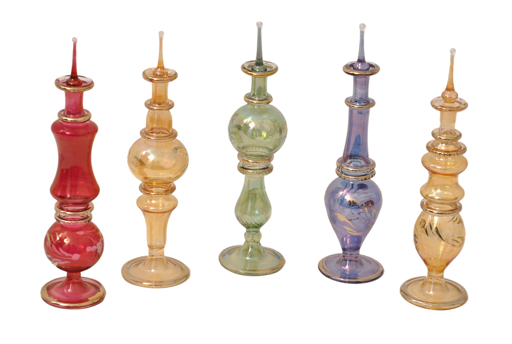 Egyptian perfume bottles Set of 5 hand Blown Decorative Pyrex G)